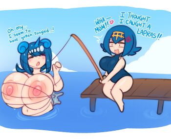 2girls absurdres breasts cosplay fishing fishing_rod gen_1_pokemon highres huge_breasts kissurai lana's_mother_(pokemon) lana_(pokemon) lapras lapras_(cosplay) large_breasts mother_and_daughter multiple_girls nintendo one-piece_swimsuit pokemon pokemon_sm swimsuit