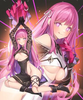 2girls :o :q bdsm black_dress black_footwear black_halo black_ribbon black_sleeves black_thighhighs blush bondage bound breasts closed_mouth color_contrast dark_halo doll doll_joints dress evertale frankenstein_(evertale) full_body gloves gold_trim groin hair_ribbon halo heart heart-shaped_pupils jewelry joints large_breasts licking_lips looking_at_viewer mary_(evertale) mole mole_on_breast mole_on_crotch mole_on_crotch multiple_girls naughty_face no_panties official_art pink_eyes pink_gloves pink_hair popqn puppet puppet_rings puppet_strings purple_eyes rainbow revealing_clothes ribbon ring shiny_skin siblings single_thighhigh sisters smile standing symbol-shaped_pupils tareme thighhighs tongue tongue_out tsurime twins underboob white_dress white_footwear white_ribbon white_sleeves yuri