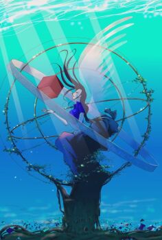 Rule 34 | 1girl, 2022, black hair, blue jacket, blue shirt, closed eyes, commentary request, cropped jacket, floating hair, full body, happy birthday, jacket, long hair, midriff, nico robin, nico robin (return to sabaody), ocean, official alternate costume, one piece, outdoors, pink sarong, poneglyph, sarong, shirt, short-sleeved jacket, short sleeves, sitting, solo, tamago (tamago009003), underwater, wings