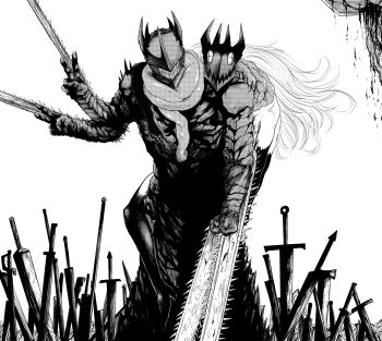 2others blood_devil_(chainsaw_man) chainsaw chainsaw_devil chainsaw_man extra_arms highres monochrome monster multiple_others mumu_(0x3777) sharp_teeth teeth weapon white_background