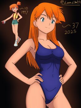 1girl aged_up alternate_body_size artist_name breasts cleavage covered_navel green_eyes half-closed_eyes hands_on_own_hips highres large_breasts legs long_hair misty_(pokemon) nintendo one-piece_swimsuit orange_hair pokemon smile solo swimsuit thighs