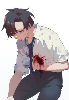 1boy ai_(indigo) black_hair bleeding blood blood_on_clothes blood_on_hands blue_archive blue_archive_the_animation collared_shirt highres male_focus necktie pants sensei_(blue_archive) sensei_(blue_archive_the_animation) shirt simple_background sleeves_rolled_up white_background white_shirt