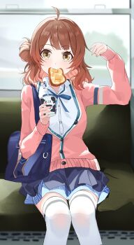 1girl absurdres ahoge bag blue_bag blue_overskirt blue_ribbon blue_skirt blunt_bangs blush bread bread_slice breasts brown_eyes brown_hair cardigan collared_shirt commentary_request cup disposable_cup eimizzzzz feet_out_of_frame fingernails food food_in_mouth gakuen_idolmaster hair_bun hanami_ume hand_up highres holding holding_cup idolmaster knees_together_feet_apart looking_at_viewer medium_breasts medium_hair milk mouth_hold neck_ribbon open_collar overskirt partially_unbuttoned pink_cardigan ribbon school_bag shirt single_side_bun sitting skirt solo swept_bangs thighhighs toast toast_in_mouth train train_interior white_shirt white_thighhighs window
