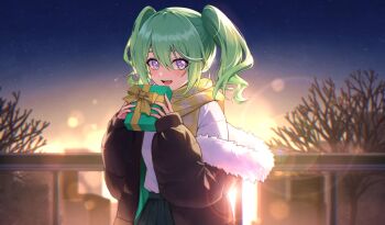 1girl bare_tree black_coat black_skirt blue_sky coat commentary_request corsetman cowboy_shot fingernails fur-trimmed_coat fur_trim gift gradient_sky green_hair hair_between_eyes hands_up highres holding holding_gift korean_commentary long_bangs looking_at_viewer medium_hair multicolored_hair multicolored_nails nail_polish open_clothes open_coat open_mouth outdoors pleated_skirt print_scarf purple_eyes scarf single_off_shoulder skirt sky smile solo standing star_(sky) stellive streaked_hair sunset sweater sweater_tucked_in tree twintails unzipped virtual_youtuber white_sweater winter winter_clothes yellow_scarf yuzuha_riko