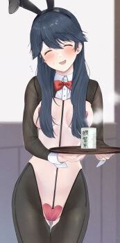 1girl alternate_costume animal_ears blurry blurry_background blush bow bowtie breasts closed_eyes commentary_request cup fake_animal_ears flying_sweatdrops gluteal_fold hair_over_breasts highres holding holding_tray houshou_(kancolle) kantai_collection long_hair maebari magai_akashi medium_breasts open_mouth pantyhose pasties playboy_bunny rabbit_ears red_bow red_bowtie reverse_bunnysuit reverse_outfit solo steam tray wrist_cuffs yunomi