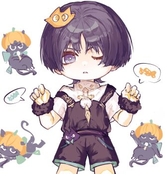 Rule 34 | 1boy, animalization, belt, black cat, black overalls, blunt ends, bright pupils, candy, casual, cat, cat hair ornament, commentary, contemporary, cowboy shot, curled fingers, eyelashes, feathers, food, frana20103, fur wrist cuffs, genshin impact, hair ornament, hands up, hat, highres, light blush, looking at viewer, male focus, official alternate costume, one eye closed, overalls, parted bangs, parted lips, paw pose, person and animalization, pom pom (clothes), pumpkin hat, purple belt, purple eyes, scaramouche (cat) (genshin impact), scaramouche (genshin impact), shirt, short sleeves, solo, spoken food, straight-on, strap slip, string, turtleneck, turtleneck shirt, wanderer (genshin impact), white background, white mouth, white pupils, white shirt, white sleeves, wispy bangs, wrist cuffs, yellow feathers, yellow hat