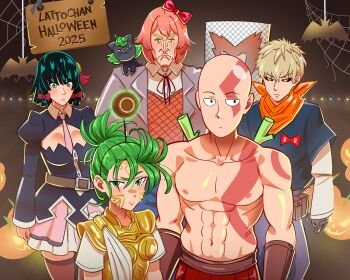 athena_(saint_seiya) bald black_dress black_hair blush bob_cut bodypaint breasts character_request commentary copyright_request cosplay crossover curly_hair cyborg doki_doki_literature_club dragon_ball dress english_commentary facepaint flipped_hair fubuki_(one-punch_man) garou_(one-punch_man) genos god_of_war green_eyes green_hair highres king_(one-punch_man) kratos_(god_of_war) kratos_(god_of_war)_(cosplay) large_breasts lattochan long_sleeves looking_at_viewer navel one-punch_man pear-shaped_figure petite saint_seiya saitama_(one-punch_man) short_hair small_breasts tatsumaki thighs