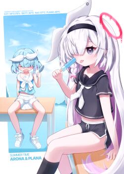 2girls absurdres arona_(blue_archive) blue_archive commentary_request desk dolphin_shorts food halo hand_fan highres holding holding_fan holding_food holding_popsicle ice_cream looking_at_viewer multiple_girls on_desk on_table plana_(blue_archive) popsicle sailor_collar shorts sitting sorakumo summer summer_uniform table