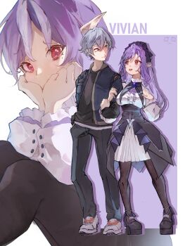 1boy 1girl absurdres black_headband black_shoes blue_jacket blush boots caelnyx character_name covering_own_mouth denim dress grey_hair hand_on_another&#039;s_arm headband highres jacket jeans locked_arms long_hair nail_polish pants platform_boots purple_hair red_eyes shoes skirt smile thighhighs vivian_banshee white_background white_skirt wise_(zenless_zone_zero) zenless_zone_zero