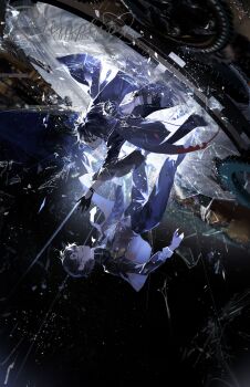 2boys absurdres amon_(lord_of_the_mysteries) artist_request black_background black_gloves black_hair black_shirt bracelet coat coat_on_shoulders commission dress_pants falling full_body gears glass_shards gloves grey_pants grey_vest high-waist_pants highres jewelry klein_moretti layered_sleeves light_particles long_sleeves looking_at_another lord_of_the_mysteries male_focus multiple_boys pants parted_lips portal_(object) purple_coat reaching sample_watermark second-party_source shirt short_hair studded_bracelet vest watermark wide_sleeves