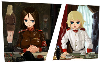 4girls artist_request black_hair blonde_hair blue_eyes breasts clara_(girls_und_panzer) command_&amp;_conquer command_&amp;_conquer:_red_alert command_&amp;_conquer:_red_alert_2 cup emblem flag girls_und_panzer hairband highres katyusha_(girls_und_panzer) kv-2 long_hair military military_vehicle motor_vehicle multiple_girls nina_(girls_und_panzer) nonna_(girls_und_panzer) pravda_(emblem) short_hair soviet tank teacup window