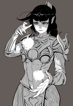 absurdres armor baldur&#039;s_gate baldur&#039;s_gate_3 black_hair braid circlet dress elf frown hair_ornament hairpin highres long_hair ori_dal pauldrons pointy_ears robe scar scar_on_face shadowheart_(baldur&#039;s_gate) shoulder_armor spell