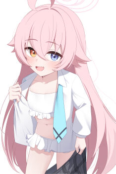 1girl absurdres ahoge bikini blue_archive blue_eyes blue_necktie blush commentary_request cowboy_shot crossed_bangs dress_shirt fang frilled_bikini frills grey_skirt hair_between_eyes hair_flaps halo heterochromia highres hoshino_(blue_archive) hoshino_(swimsuit)_(blue_archive) long_hair long_sleeves looking_at_viewer natukuzira necktie open_mouth pink_hair pink_halo shirt simple_background skin_fang skirt solo swimsuit swimsuit_under_clothes unbuttoned unbuttoned_shirt undone_necktie undressing very_long_hair white_background white_bikini white_shirt yellow_eyes