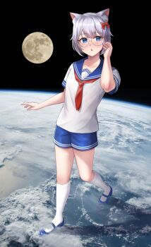 1girl absurdres blue_eyes blue_sailor_collar blue_shorts cat_girl cloud commentary_request commission earth_(planet) giant giantess glasses highres hydrocatvt_(vtuber) looking_at_viewer moon numaguro_(tomokun0808) ocean original planet sailor_collar shorts skeb_commission space