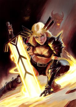 1girl armor belt beniamino_bradi black_belt black_shorts blonde_hair breasts cleavage commentary demon demon_horns english_commentary feet_out_of_frame highres holding holding_sword holding_weapon horns long_hair looking_at_viewer magik_(x-men) marvel medium_breasts midriff new_mutants shorts shoulder_armor shoulder_spikes solo spikes sword weapon x-men