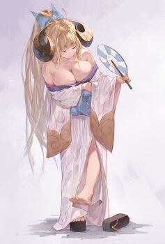 1girl absurdres ahoge anila_(granblue_fantasy) anila_(yukata)_(granblue_fantasy) bare_shoulders barefoot blonde_hair blunt_bangs blush breasts cleavage closed_eyes collarbone commentary curled_horns draph feet full_body granblue_fantasy highres horns japanese_clothes kimono large_breasts long_hair long_sleeves obi ponytail revision sandals sash sheep_horns short_eyebrows solo thick_eyebrows toes white_kimono yu_pian