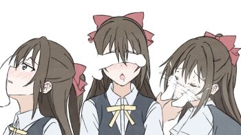 1boy 1girl absurdres blue_eyes blush bow brown_hair closed_eyes cum cum_on_body drooling ear_blush facejob facial hair_bow highres long_hair love_live! love_live!_nijigasaki_high_school_idol_club osaka_shizuku penis_covering_eyes penis_on_face school_uniform shizuwonderland slapping_with_penis