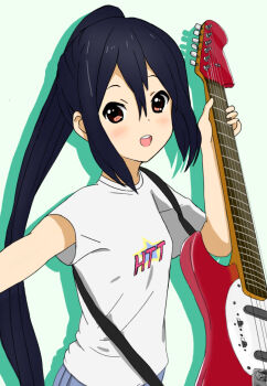 1girl alternate_hairstyle artist_request black_hair brown_hair dot_nose feet_out_of_frame female_focus guitar guitar_strap hair_between_eyes ho-kago_tea_time holding holding_guitar holding_instrument instrument k-on! long_hair looking_at_viewer mustang_(guitar) nakano_azusa open_mouth ponytail shirt short_sleeves skirt solo source_request standing t-shirt teeth