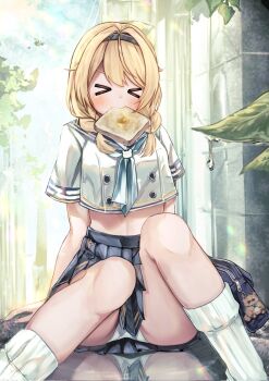 >_< 1girl bag black_skirt blonde_hair blue_neckerchief braid bread breasts commentary_request food highres hololive kazama_iroha long_hair medium_breasts neckerchief panties sailor_collar school_uniform skirt socks twin_braids underwear virtual_youtuber white_panties white_socks yuzuno_wagiri