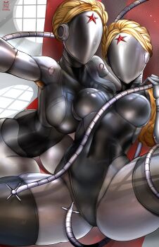 2girls absurdres artist_name atomic_heart black_leotard black_thighhighs blonde_hair braid breasts faceless faceless_female gold_jacket highres humanoid_robot jacket joints left_(atomic_heart) leotard multiple_girls necrotenshi open_clothes open_jacket paid_reward_available red_star right_(atomic_heart) robot robot_girl siblings star_(symbol) thighhighs twins window