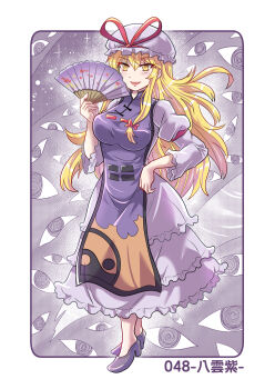 1girl blonde_hair bow breasts character_name colonel_aki commentary_request dress folding_fan full_body gap_(touhou) hair_bow hand_fan hat high_heels holding holding_fan large_breasts long_hair long_sleeves looking_at_viewer mob_cap open_mouth purple_dress purple_hat purple_shoes purple_tabard red_bow red_ribbon ribbon shoes smile solo tabard touhou translation_request very_long_hair yakumo_yukari yellow_eyes yin_yang yin_yang_print