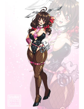 alternate_costume animal_ear_hairband animal_ears arm_behind_head artist_name black_leotard black_shoes border bow breasts brown_hair brown_pantyhose clothing_cutout commentary cuffs fake_animal_ears fake_tail fishnet_pantyhose fishnets full_body hair_bow hairband hand_on_own_hip handcuffs heart_cutout high_heels karosu_maker kono_subarashii_sekai_ni_shukufuku_wo! large_breasts leotard long_hair necktie open_mouth paid_reward_available pantyhose pillarboxed pink_background pink_necktie playboy_bunny rabbit_ear_hairband rabbit_ears rabbit_tail red_bow red_eyes shoes smile standing strapless strapless_leotard tail teeth thigh_strap tie_clip upper_teeth_only white_border yunyun_(konosuba) zoom_layer