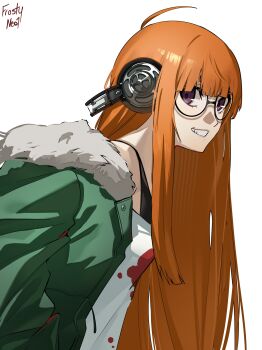 1girl absurdres ahoge artist_name black-framed_eyewear commentary frosty_neo1 fur-trimmed_jacket fur_trim glasses green_jacket grin hand_in_pocket headphones highres jacket long_hair looking_at_viewer orange_hair persona persona_5 purple_eyes sakura_futaba simple_background smile solo very_long_hair white_background