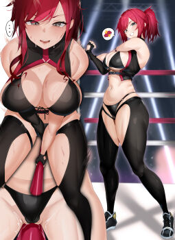 ... 1girl absurdres bikini black_bikini black_footwear black_gloves black_leggings boxing_ring breasts clothing_cutout commission cropped_vest crotch_rub fingerless_gloves gloves grey_eyes highleg highleg_bikini highres indoors large_breasts leggings long_hair maruyaa_(malya1006) mma_gloves multiple_views original partially_visible_vulva ponytail red_hair skeb_commission spoken_ellipsis stretching sweat swimsuit toned vest