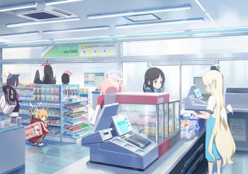 Rule 34 | 6+girls, after-school sweets club (blue archive), airi (blue archive), animal ears, apron, artist request, bag, black hair, black jacket, black thighhighs, black wings, blonde hair, blue apron, blue archive, blue scarf, blush, cat ears, cat girl, closed mouth, colored inner hair, extra ears, feathered wings, game cg, green eyes, green halo, halo, hand in pocket, hasumi (blue archive), highres, holding, holding bag, jacket, kazusa (blue archive), long hair, long sleeves, low wings, market, mashiro (blue archive), multicolored hair, multiple girls, natsu (blue archive), non-web source, official art, pink bag, pink halo, pink scarf, red halo, red jacket, scarf, shirt, shoes, short hair, short sleeves, side ponytail, skirt, sora (blue archive), squatting, thighhighs, twintails, white bag, white jacket, white shirt, white shoes, white skirt, white wings, wings, yellow eyes, yellow halo, yoshimi (blue archive)