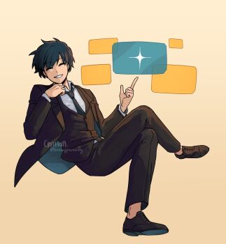 1boy absurdres black_coat black_hair black_necktie black_vest closed_eyes coat collared_shirt criteria full_body grin hand_on_own_chin highres index_finger_raised invisible_chair kim_dokja looking_at_viewer male_focus necktie omniscient_reader&#039;s_viewpoint pointing shirt short_hair sitting smile solo vest white_shirt