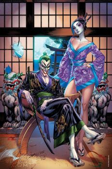 Rule 34 | 1boy, 1girl, bare legs, bare shoulders, batman (series), black hair, breasts, cleavage, dc comics, evil smile, facepaint, geisha, green hair, highres, j. scott campbell, japanese clothes, kimono, makeup, moon, night, punchline (dc), sandals, smile, statue, sword, the joker, topknot, weapon
