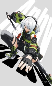 absurdres anby_demara black_thighhighs braid braided_sidelocks commentary_request fingerless_gloves gloves green_jacket green_sleeves grey_hair headphones highres holding holding_weapon jacket multicolored_sleeves one_eye_covered orange_eyes sleeveless sleeveless_jacket thighhighs weapon white_background zenless_zone_zero zeroartwo