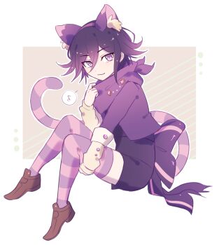 1boy :3 animal_ear_fluff animal_ears back_bow black_shorts bow cat_boy cat_ears cat_tail cheshire_cat_(alice_in_wonderland) cheshire_cat_(alice_in_wonderland)_(cosplay) commentary cosplay danganronpa_(series) danganronpa_v3:_killing_harmony flipped_hair from_side hair_between_eyes invisible_chair jacket knees_up looking_at_viewer male_focus musical_note neckerchief oma_kokichi open_clothes open_jacket outline purple_hair purple_jacket purple_neckerchief scarf short_hair shorts simple_background sitting solo spoken_musical_note striped_clothes striped_tail striped_thighhighs tail thighhighs tokilos white_background white_outline
