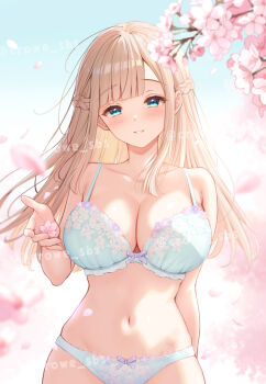1girl aqua_bra aqua_eyes aqua_panties bare_arms blonde_hair blue_sky blunt_bangs bra braid breasts cherry_blossoms cherry_tree cleavage collarbone comiket_107 commentary_request day kuroe_(sugarberry) large_breasts long_hair looking_at_viewer navel original outdoors panties parted_lips sky smile solo standing underwear underwear_only upper_body watermark