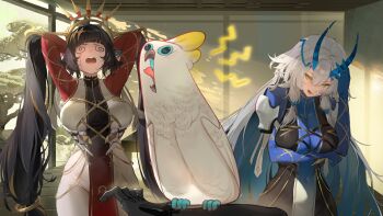 1other 2girls bird blue_hair bodysuit breasts brown_hair crown daiblos_core game_cg green_eyes horns impossible_bodysuit impossible_clothes large_breasts long_hair midnight_(daiblos_core) multicolored_hair multiple_girls non-web_source official_art sunrise_(daiblos_core) white_hair yellow_eyes