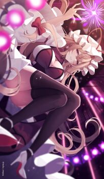 Rule 34 | 1girl, absurdres, arm up, black thighhighs, blonde hair, bow, breasts, cleavage, cleavage cutout, closed mouth, clothing cutout, commentary request, danmaku, dress, fingernails, full body, grin, hair bow, hat, hat ribbon, high heels, highres, large breasts, long hair, long sleeves, looking at viewer, maka (user rryf2748), mob cap, parted lips, purple eyes, purple tabard, red bow, red nails, red ribbon, ribbon, sharp fingernails, shoes, sideways, smile, solo, tabard, thighhighs, thighs, touhou, twitter username, very long hair, white dress, white shoes, wide sleeves, yakumo yukari