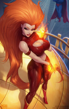 1boy 1girl artist_name barretxiii blue_bodysuit bodysuit boots breasts cape city cleavage cleavage_cutout clothing_cutout crop_top crossed_arms dc_comics fire large_breasts latex latex_pants latex_shirt long_hair male_underwear orange_hair pants pyrokinesis red_boots red_cape red_eyes red_male_underwear red_pants red_shirt shirt solo_focus superhero_costume superman superman:_the_animated_series superman_(series) underwear very_long_hair volcana_(dc)