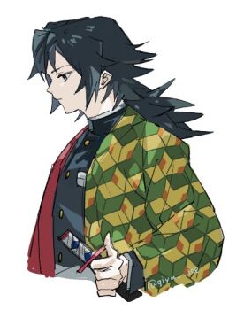 Rule 34 | 1boy, black hair, black jacket, blue eyes, buttons, closed mouth, commentary request, demon slayer uniform, giyu ice, gold buttons, haori, high collar, holding, holding sword, holding weapon, jacket, japanese clothes, katana, kikkoumon, kimetsu no yaiba, long hair, low ponytail, male focus, ponytail, print haori, profile, red haori, simple background, solo, spiked hair, sword, tomioka giyuu, upper body, weapon, white background
