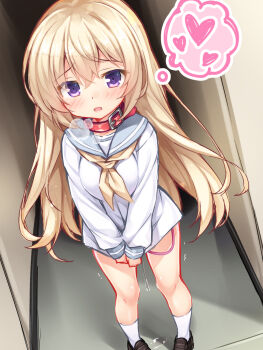 1girl :o animal_collar ankle_socks bdsm blonde_hair blue_sailor_collar blush bow bowtie breasts brown_shoes clothes_pull collar dot_nose double-parted_bangs dutch_angle hallway heavy_breathing highres image_in_thought_bubble indoors large_breasts long_hair looking_at_viewer open_mouth original purple_eyes pussy_juice red_collar sailor_collar school_uniform sekine_irie serafuku sex_toy shoes sidelocks slave socks solo speech_bubble thought_bubble trembling vibrator vibrator_cord vibrator_under_clothes white_socks yellow_bow yellow_bowtie