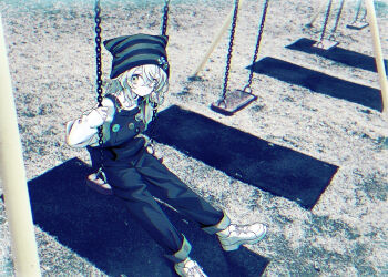 1girl absurdres badge beanie black_overalls button_badge commentary crossed_bangs hair_between_eyes happa_de_happy hat highres long_sleeves looking_at_viewer on_swing original overalls shadow shirt shoes sitting sleeves_past_wrists solo striped_hat swing swing_set white_shoes