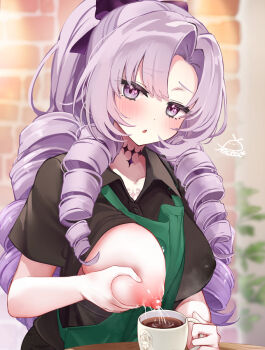 Rule 34 | 1girl, apron, black shirt, blurry, blurry background, blush, breasts, coffee, coffee mug, commentary request, cup, drill hair, festa11307070, green apron, hyakumantenbara salome, lactating into container, lactation, large breasts, long hair, mug, nipples, one breast out, open mouth, purple eyes, purple hair, shirt, smile, solo, upper body, virtual youtuber