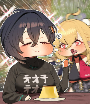Rule 34 | 2girls, absurdres, ahoge, belle (zenless zone zero), black hair, black shirt, blonde hair, breasts, chroong, cissia (zenless zone zero), closed eyes, commentary request, crossed bangs, deformed, food, hair between eyes, hair ornament, highres, holding, holding spoon, korean commentary, large breasts, leotard, letter hair ornament, long hair, multicolored leotard, multiple girls, open mouth, pudding, red eyes, shirt, short hair, snake girl, spoon, tongue, tongue out, two-tone leotard, underboob, zenless zone zero