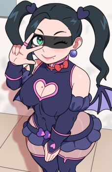 Rule 34 | 1girl, bare shoulders, bat wings, between legs, black boots, black gloves, black hair, black leotard, black skirt, black sleeves, boku no hero academia, boots, breasts, cleavage, cleavage cutout, closed mouth, clothing cutout, cosplay, covered erect nipples, detached sleeves, earrings, eye mask, eyelashes, fake wings, feet out of frame, female focus, fingerless gloves, from above, gloves, green eyes, grey pantyhose, hand between legs, hand up, haneyama kazuho, haneyama kazuho (cosplay), heart cutout, indoors, jewelry, kabeume, leotard, lips, long hair, low wings, lowleg, lowleg skirt, mask, medium breasts, microskirt, mole, mole on breast, mole under mouth, multicolored leotard, one eye closed, pantyhose, pearl earrings, pink gloves, pink leotard, see-through clothes, see-through pantyhose, single glove, skirt, smile, solo, thigh boots, tsukauchi makoto, twintails, two-tone gloves, two-tone leotard, vigilante -boku no hero academia: illegals-, w, wide hips, wings