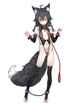 1girl absurdres ahoge animal_collar animal_ears bdsm black_hair black_thighhighs blush bondage bondage_cuffs bound bound_ankles bound_wrists breasts bridal_gauntlets bridal_legwear cleft_of_venus closed_mouth collar commentary_request contrapposto cuffs eco_376124 female_focus full_body furrowed_brow hands_up highres leash loli looking_at_viewer md5_mismatch medium_hair navel nipple_piercing nipples original piercing pussy red_collar red_eyes revealing_clothes see-through_clothes shackles simple_background slave small_breasts solo standing tail thighhighs toes variant_set white_background wolf_ears wolf_girl wolf_tail