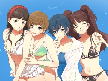 4girls amagi_yukiko bikini black_bikini black_hair blue_eyes blue_hair blue_one-piece_swimsuit blue_sky brown_eyes brown_hair closed_mouth commentary eyelashes green_bikini hairband highres kujikawa_rise multiple_girls navel one-piece_swimsuit one_eye_closed persona persona_4 red_hairband satonaka_chie shirogane_naoto short_hair sky swimsuit usa_(kawaii_152cm) white_bikini