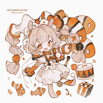 1girl :d balloon blunt_bangs bow bowtie bright_pupils brown_hair chibi chibi_only clownfish commission double-parted_bangs dress drum fish full_body highres holding holding_balloon holding_megaphone instrument kanae_(cookie) long_hair long_sleeves looking_at_viewer megaphone mole mole_under_each_eye mole_under_eye multiple_moles open_mouth orange_bow orange_bowtie orange_eyes orange_shoes original shoes simple_background smile solo standing standing_on_one_leg twintails twitter_username white_background white_dress white_pupils