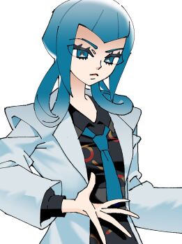 1girl black_dress blue_eyes blue_hair blue_necktie closed_mouth dress hair_rings lab_coat long_hair looking_at_viewer mable_(pokemon) necktie nintendo pokemon pokemon_legends:_z-a simple_background solo upper_body white_background wkrrhks