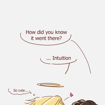 1boy 1girl absurdres alien_stage blonde_hair brown_hair commentary english_commentary english_text halo heart highres hyuna_(alien_stage) kuradrawings luka_(alien_stage) out-of-frame_censoring traditional_halo