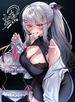 1girl absurdres aoi_hinamori bikini black_background black_dress blush breasts cowboy_shot dated dress grey_hair high_ponytail highres holding holding_swimsuit holding_unworn_clothes indie_virtual_youtuber large_breasts long_hair parted_lips pointy_ears ponytail purple_eyes signature simple_background smile solo swimsuit unworn_bikini unworn_swimsuit virtual_youtuber wanzi_(99wanzi99) white_bikini