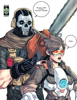 Rule 34 | 1boy, 1girl, absurdres, black gloves, call of duty, chainsaw, country connection, crossover, english text, ghost (modern warfare 2), gloves, goggles, headphones, highres, holding, holding chainsaw, i think we're gonna have to kill this guy steven (meme), lordkillerghost, mask, meme, overwatch, skull mask, spanish commentary, speech bubble, tracer (overwatch)